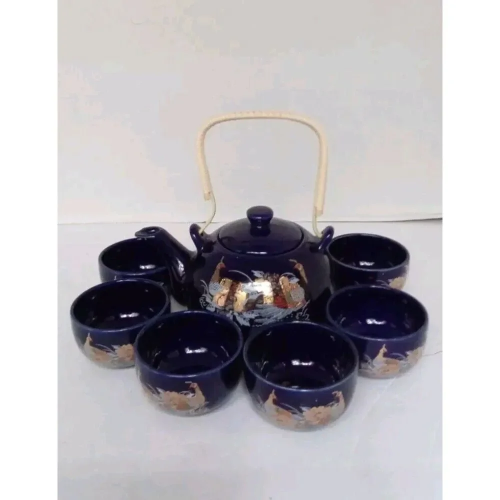 Traditional Japanese Tea Set with Dragon Design - 8 Piece Navy Blue Teapot & Cup